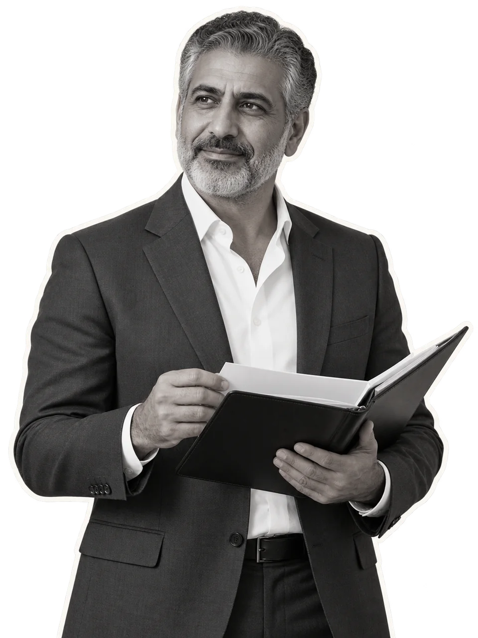 Illustrative cutout of an investment executive reviewing a portfolio binder