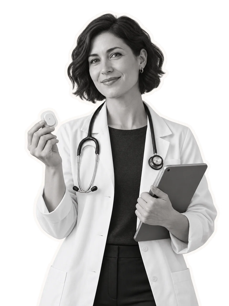 Illustrative cutout of a clinician with a medical sensor and tablet