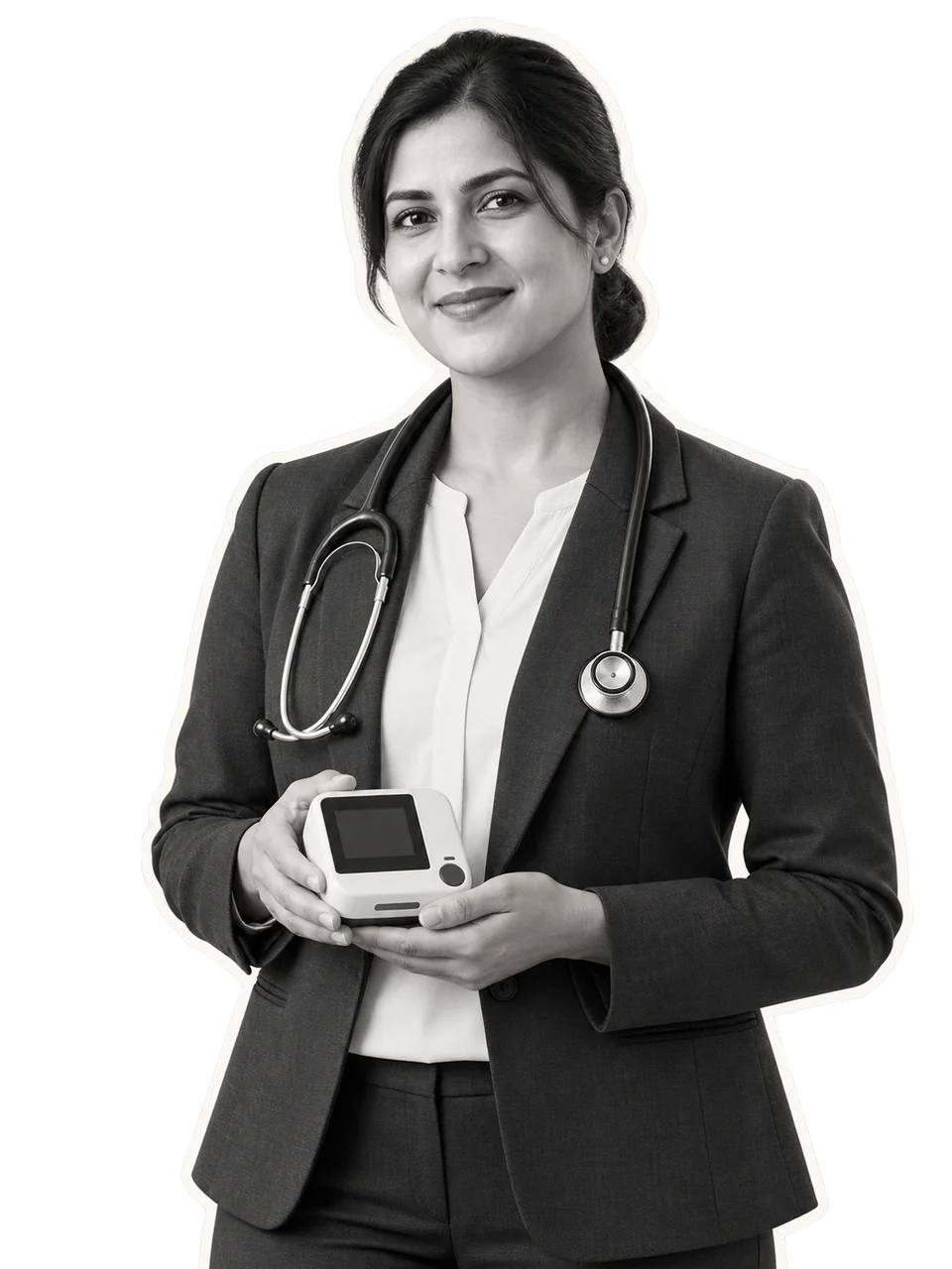 Illustrative cutout of a healthcare entrepreneur with a portable diagnostic device