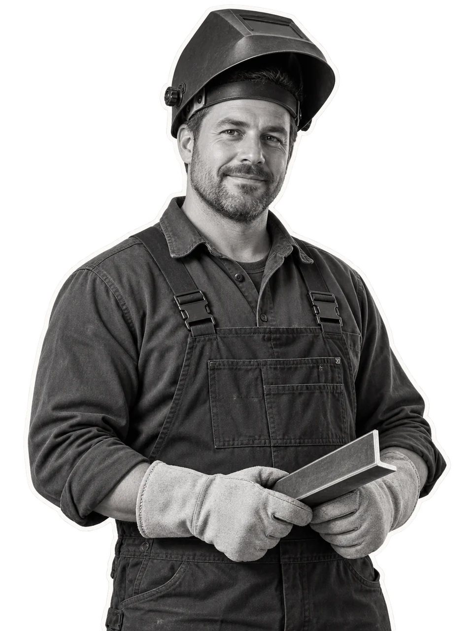 Illustrative cutout of a steel fabrication supervisor with a welding helmet and steel section