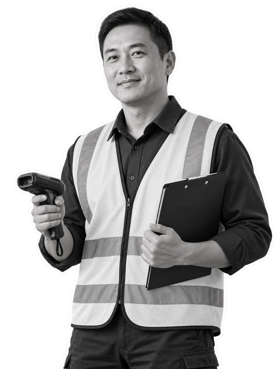 Illustrative cutout of a logistics manager holding an inventory scanner and dispatch clipboard