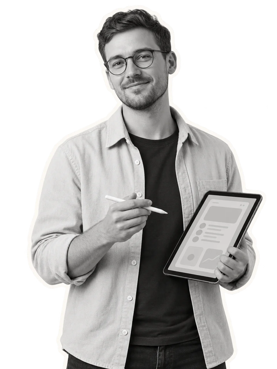 Illustrative cutout of an app founder demonstrating a tablet prototype