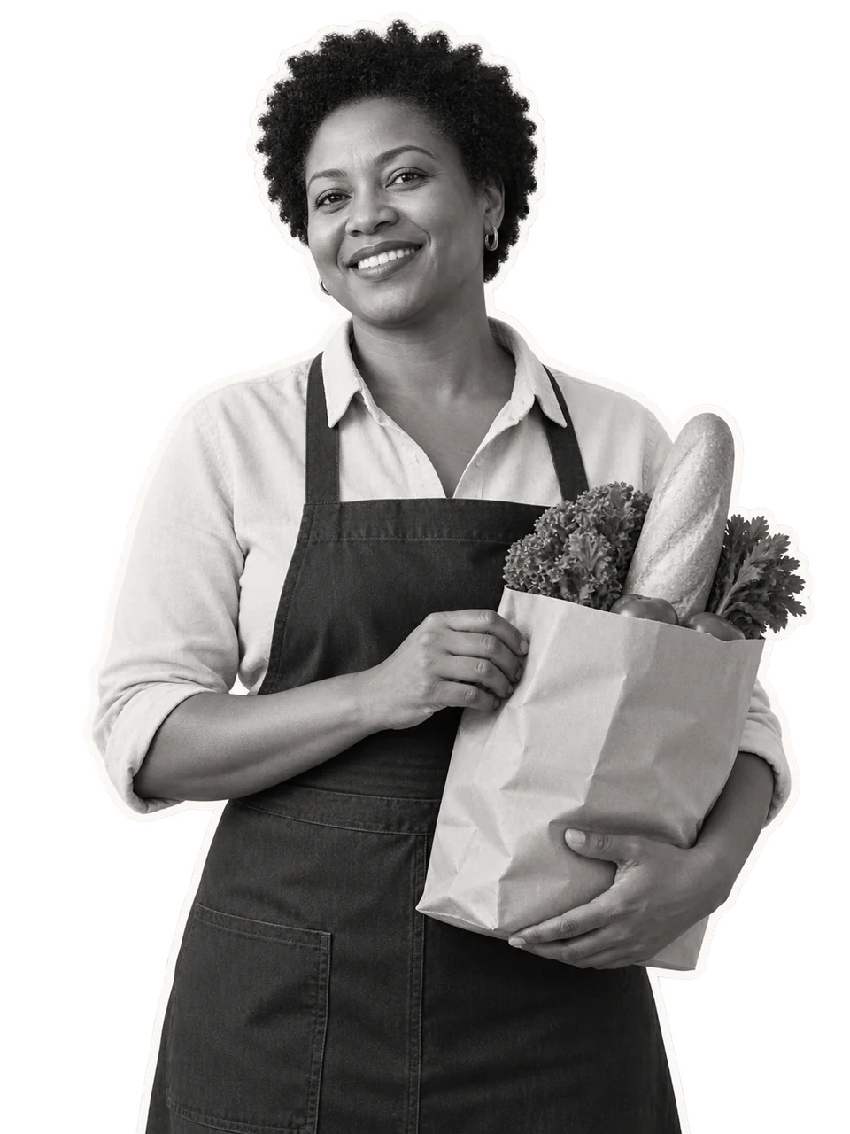 Illustrative cutout of a supermarket owner holding a bag of groceries