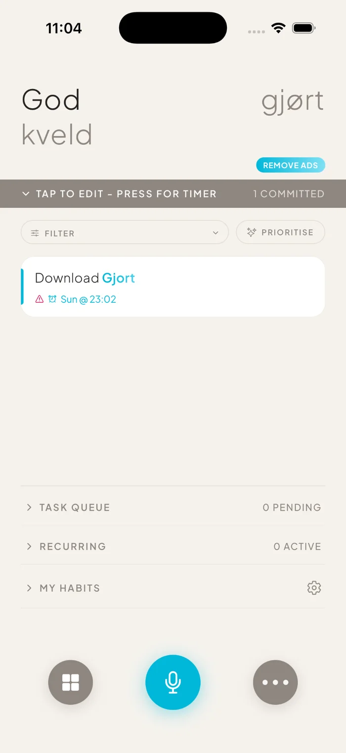 Gjort’s Today’s Focus screen in its blue colour theme