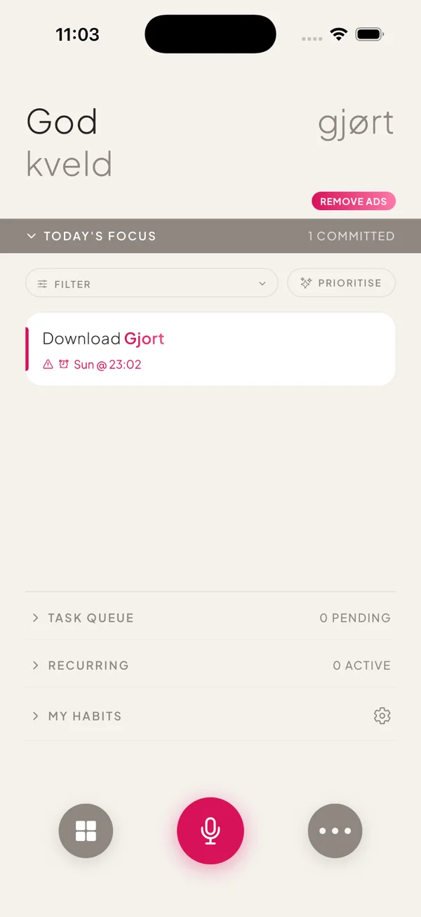 Gjort’s pink theme, showing Today’s Focus, task queue and voice capture