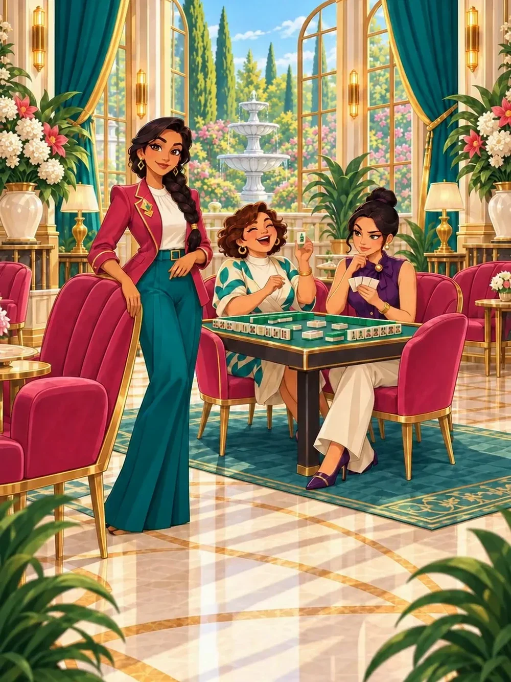 Hé Fēn’s illustrated characters gathering around a mahjong table